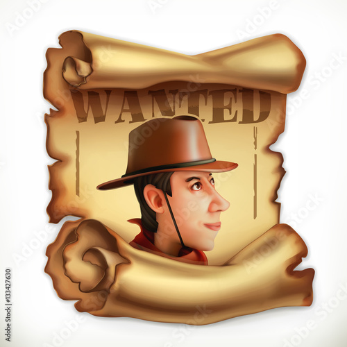 Wanted cowboy. Old paper scroll. 3d vector icon