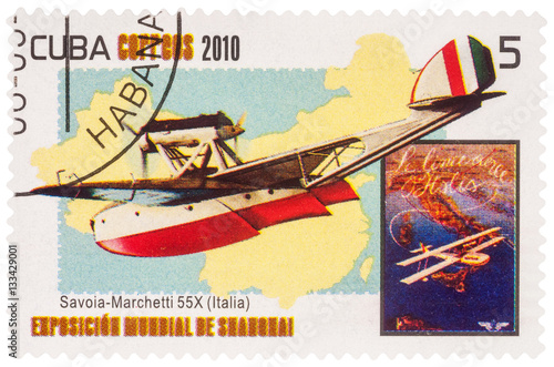 Old Italian flying boat (1924) on postage stamp photo