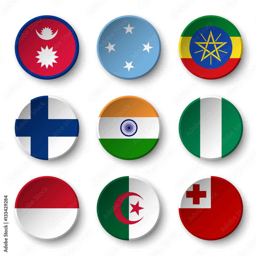 Set of world flags round badges ( Nepal . Micronesia . Ethiopia . Finland . India . Nigeria . Monaco . Algeria . Tonga ) Set of world flags round badges ( Nepal . Micronesia . Ethiopia . Finland . India . Nigeria . Monaco . Algeria . Tonga )