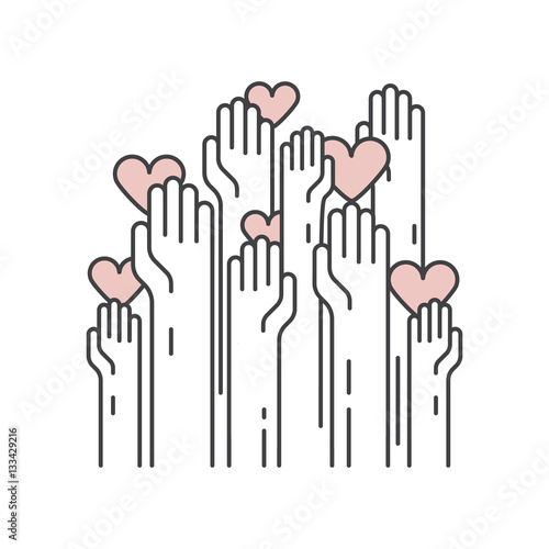 Vector Icon Style Illustration Background Card or Poster Template with Charity and Fundraising Objects. Volunteer Poster. Funsdraising Event Brochure Template. Hand helping heart