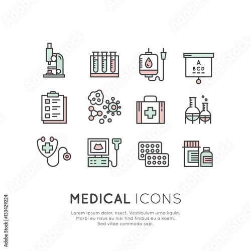 Vector Icon Style Logo Set of Medical diagnostic icons and objects. Medical icons made in line style. Healthcare research symbols. Medical symbols isolated set