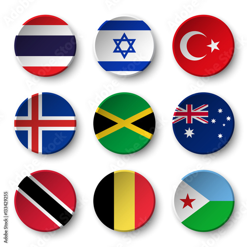 Set of world flags round badges ( Thailand . Israel . Turkey . Iceland . Jamaica , australia , Trinidad and tobago . Belgium . Djibouti )