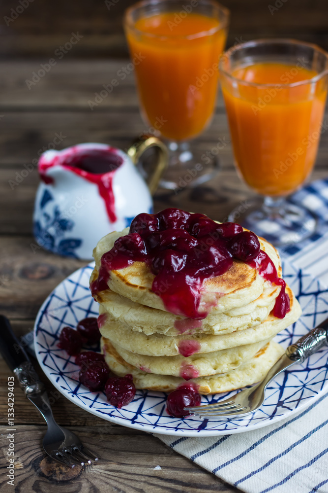 Delicious pancakes with cherry jam Delicious pancakes with cherry jam