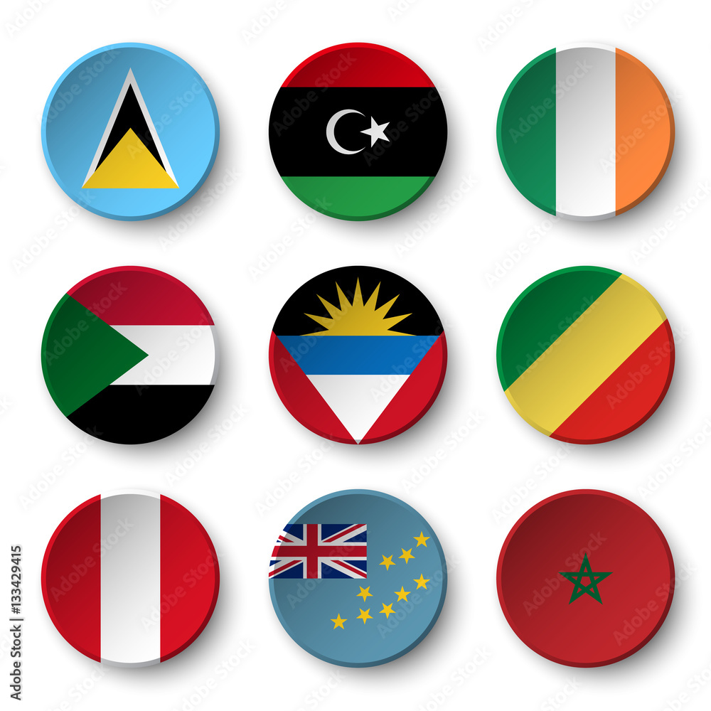 Set of world flags round badges ( Saint Lucia . Libya . ireland . Sudan . Antigua and Barbuda . Republic of the Congo . Peru . Tuvalu . Morocco ) Set of world flags round badges ( Saint Lucia . Libya . ireland . Sudan . Antigua and Barbuda . Republic of the Congo . Peru . Tuvalu . Morocco )