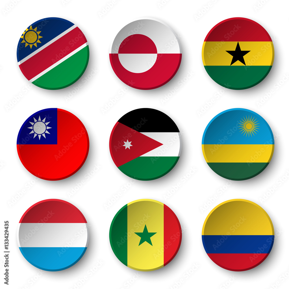 Set of world flags round badges ( Namibia . Greenland . Ghana . Taiwan . Jordan . Rwanda . Luxembourg . Senegal . Colombia ) Set of world flags round badges ( Namibia . Greenland . Ghana . Taiwan . Jordan . Rwanda . Luxembourg . Senegal . Colombia )
