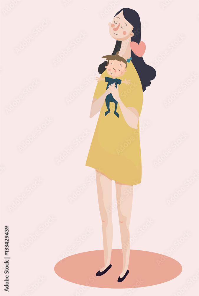 children s vector illustration. Mother keeps child in her arms, and both are smiling. The family loves each other. children s vector illustration. Mother keeps child in her arms, and both are smiling. The family loves each other.