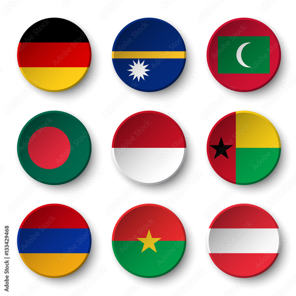 Set of world flags round badges ( Germany . Nauru . Maldives . Bangladesh . Indonesia . Guinea-Bissau . Armenia . Burkina Faso . Austria ) Set of world flags round badges ( Germany . Nauru . Maldives . Bangladesh . Indonesia . Guinea-Bissau . Armenia . Burkina Faso . Austria )