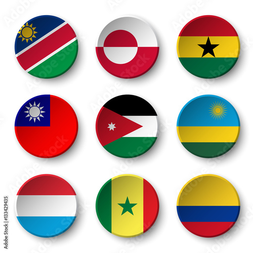 Set of world flags round badges ( Namibia . Greenland . Ghana . Taiwan . Jordan . Rwanda . Luxembourg . Senegal . Colombia )