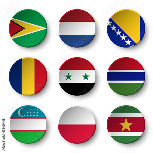 Set of world flags round badges ( Guyana . Netherlands . Bosnia and Herzegovina . Romania . Syria . Gambia . Uzbekistan . Poland . Suriname )