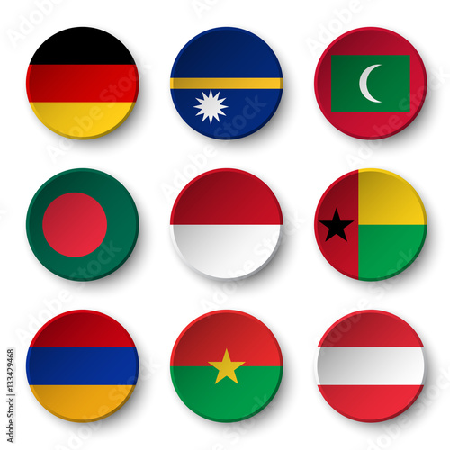 Set of world flags round badges ( Germany . Nauru . Maldives . Bangladesh . Indonesia . Guinea-Bissau . Armenia . Burkina Faso . Austria )