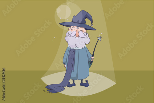 children s vector illustration. Good wizard holding a magic wand in his hand and smiling on yellow background