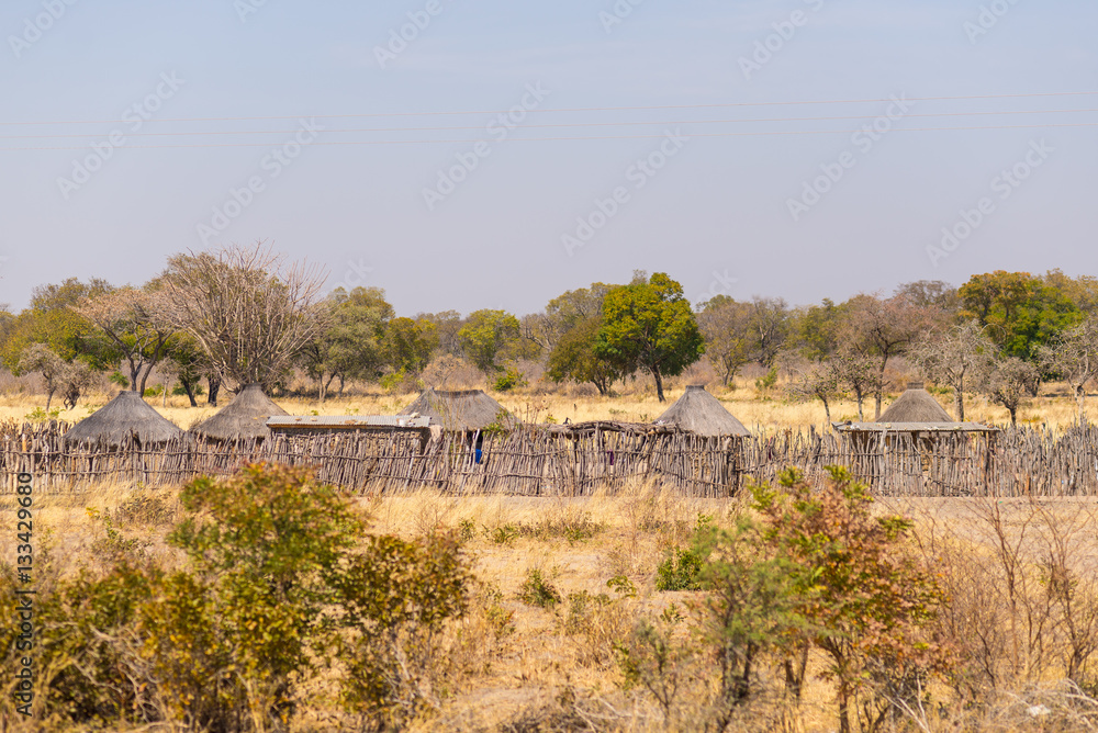 Mud straw and wooden hut with thatched roof in the bush. Local village in the rural Caprivi Strip, the most populated region in Namibia, Africa.