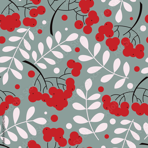 Autumn rowanberry leaves and berries seamless pattern