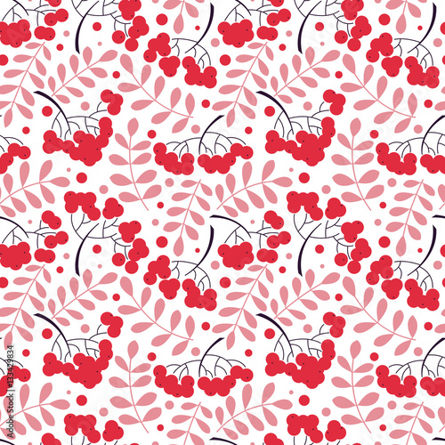Autumn rowanberry leaves and berries seamless pattern
