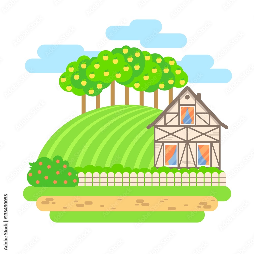 Flat design vector landscape illustration. Village house with field and apple trees. Farming, agricultural, organic products concept.
