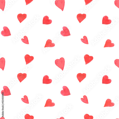Watercolor hearts seamless pattern. Repeating Valentines day background with painted red hearts. Romantic textile, wrapping paper, wallpaper or scrapbooking texture.