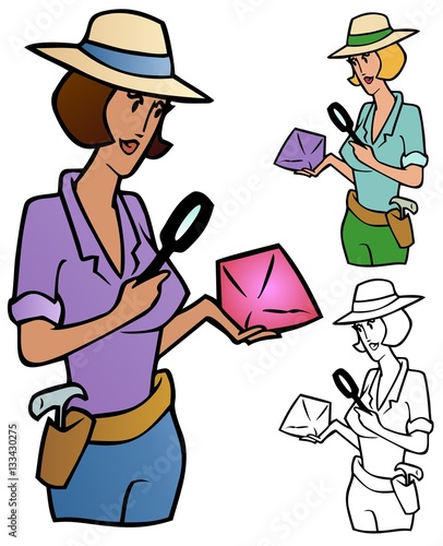 Woman examining a rock with a magnifying glass, with variations.