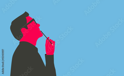 Man holding a pencil, looking up and thinking. Stylized silhouette isolated on blue background.