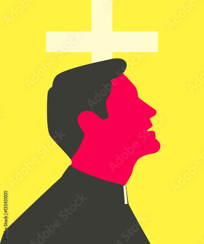 Fototapeta Naklejka Na Ścianę i Meble -  Stylized silhouette of catholic priest which is looking up in front of the cross.