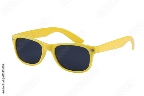 Modern sunglasses isolated on white background with copy space. Product photograph with room for text.