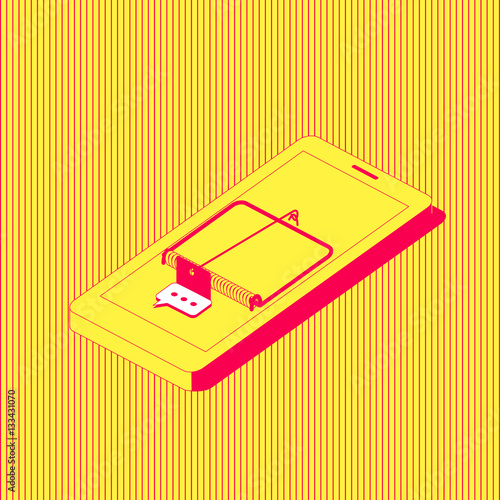 The mobile phone stylized as a mousetrap with a message icon as a bait. Smartphone addiction concept illustration. 