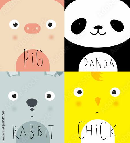 Animal muzzles pig, panda, rabbit, chick