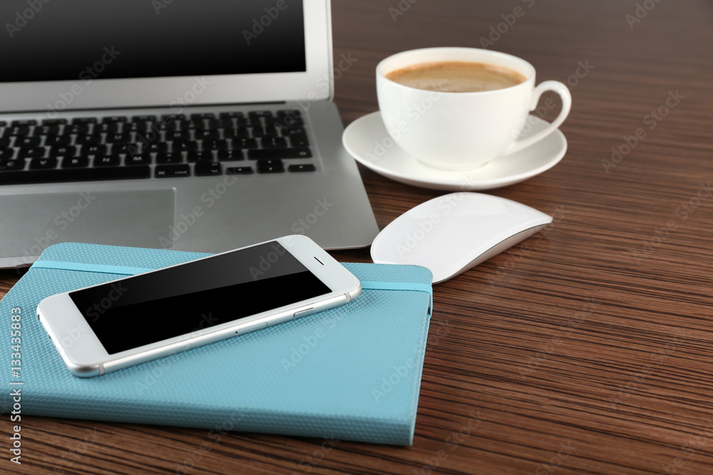Office desk with coffee and accessories Office desk with coffee and accessories