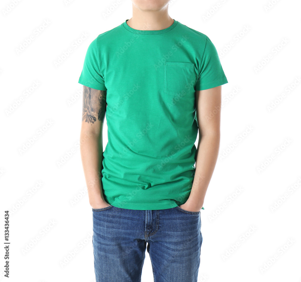 Obraz premium Young man in blank green t-shirt on white background, close up
