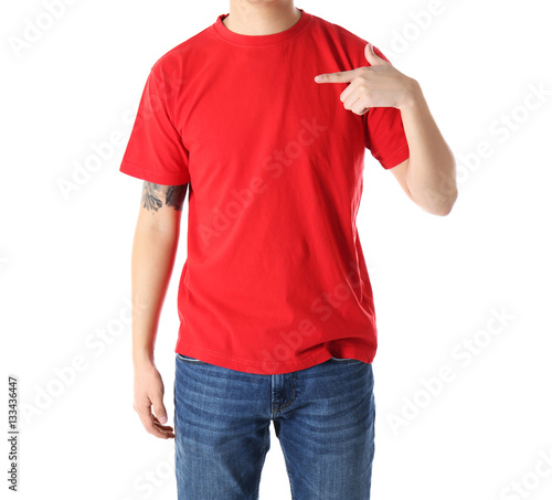 Young man in blank red t-sh...