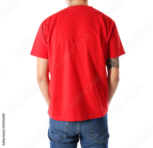 Young man in blank red t-sh...