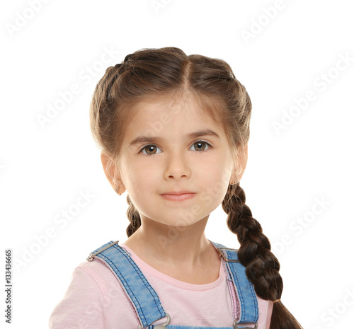 Cute little girl on white b...