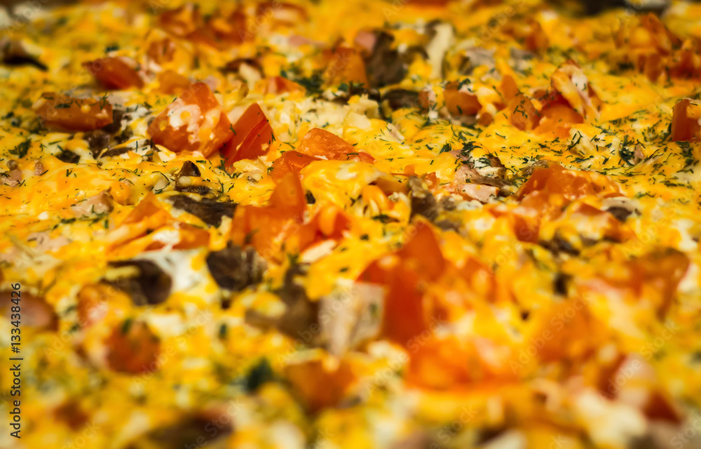 big yellow and red pizza background close up big yellow and red pizza background close up