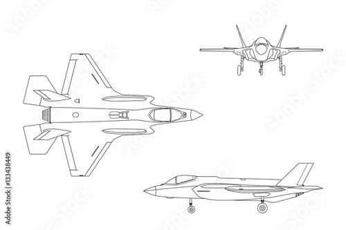 Outline drawing of military aircraft on white background. Top, s