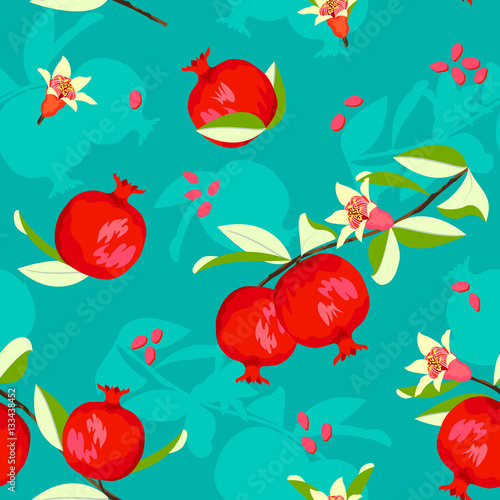 Seamless pattern with floral pomegranate fruit. Flower background. Vector floral pattern.