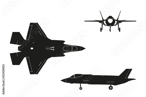 Black silhouette of military aircraft on white background. Top,