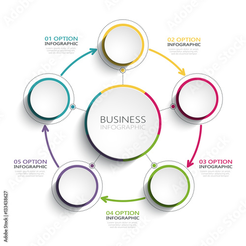 Modern abstract 3D infographic template with five steps. Business circle template with options for brochure, diagram, workflow, timeline, web design. Vector EPS 10