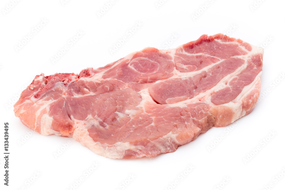 Fresh raw beef steak isolated on white background, top view.