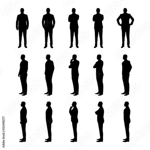 Businessman set of vector silhouettes. Man in suit in various po