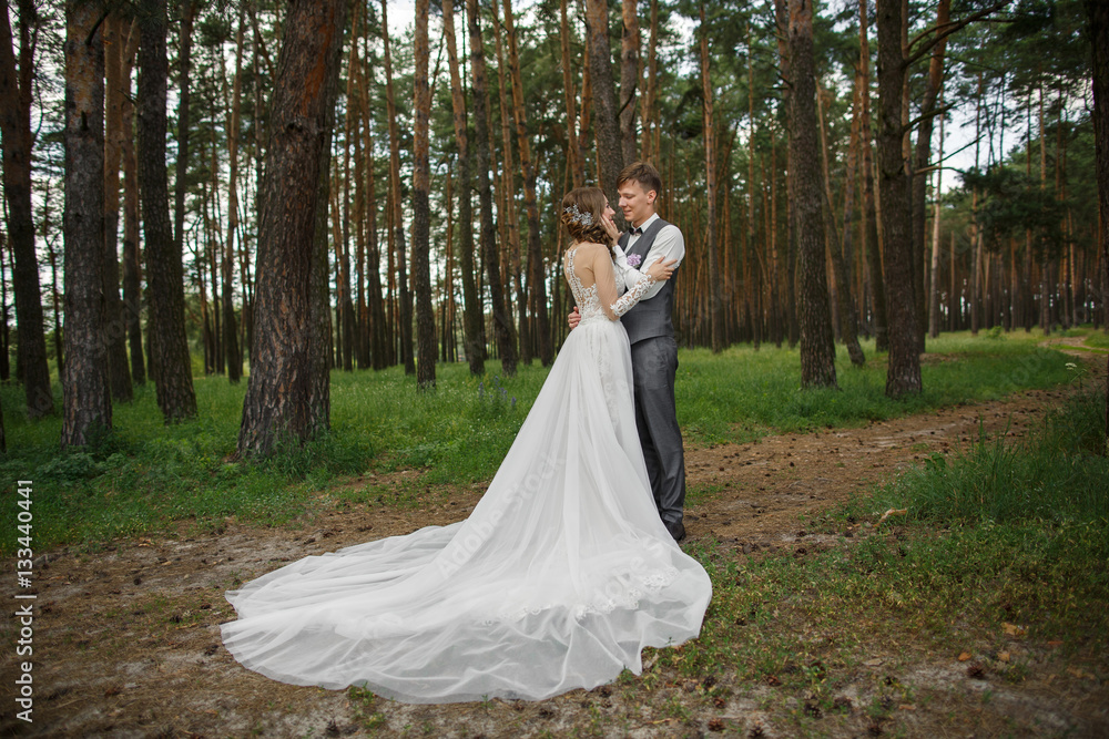 Wedding couple outdoor, beautiful bride in white wedding dress with long plume and elegant groom in grey suit with vest hugging in forest