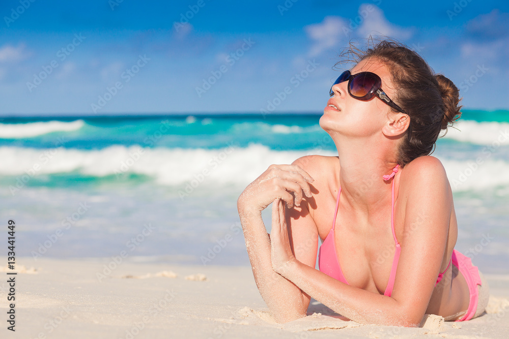 portrait of pretty woman relaxing at tropical beach portrait of pretty woman relaxing at tropical beach
