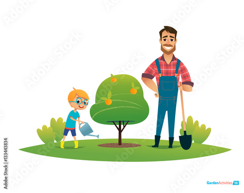 Cartoon characters, smiling father and son in rubber boots and with gardening tools plant apple tree in garden. Parental education and involvement concept. Vector illustration for poster, banner, ad.