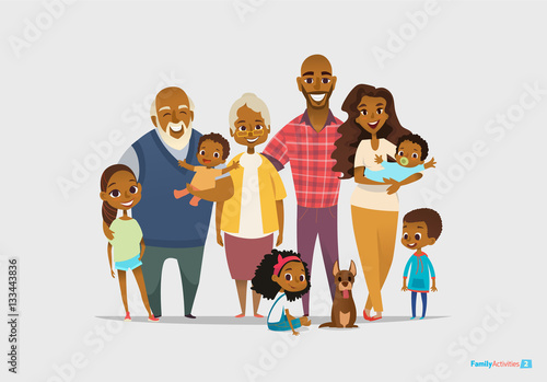 Big happy family portrait. Three generations - grandparents, parents and children of different age together. Smiling cartoon characters. Vector illustration for poster, greeting card, website, ad.