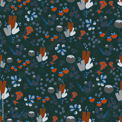 Colorful floral seamless pattern hand-drawn on green background