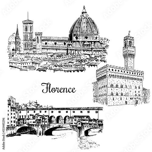 set of Florence Ponte Vecchio bridge in , Italy. Vector hand drawn sketch