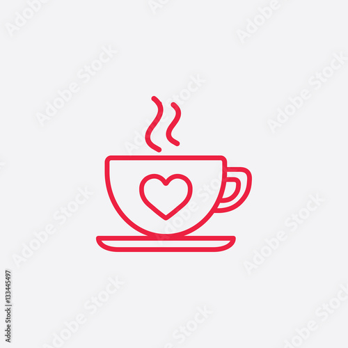cup of coffee tea hot with heart and steam line icon red on white
