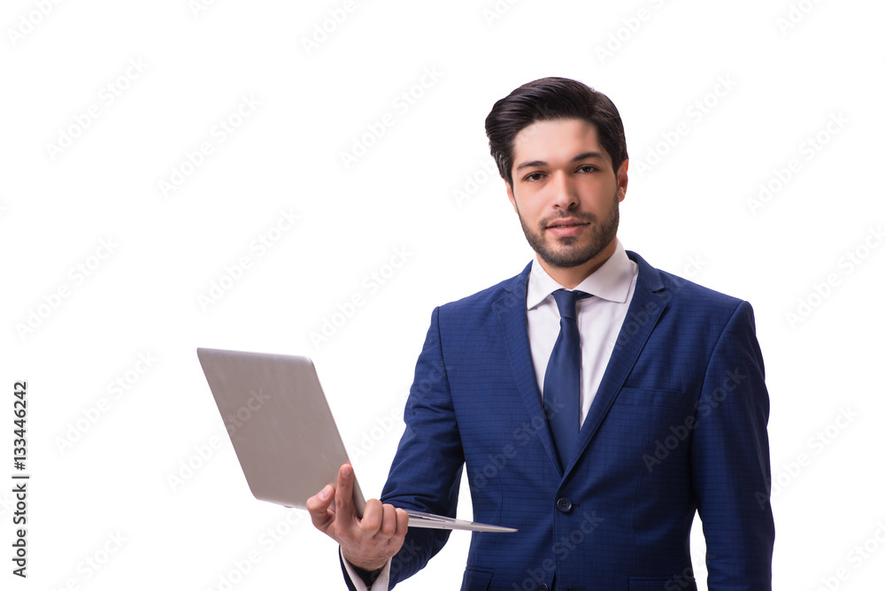 Businessman working with laptop isolated on white