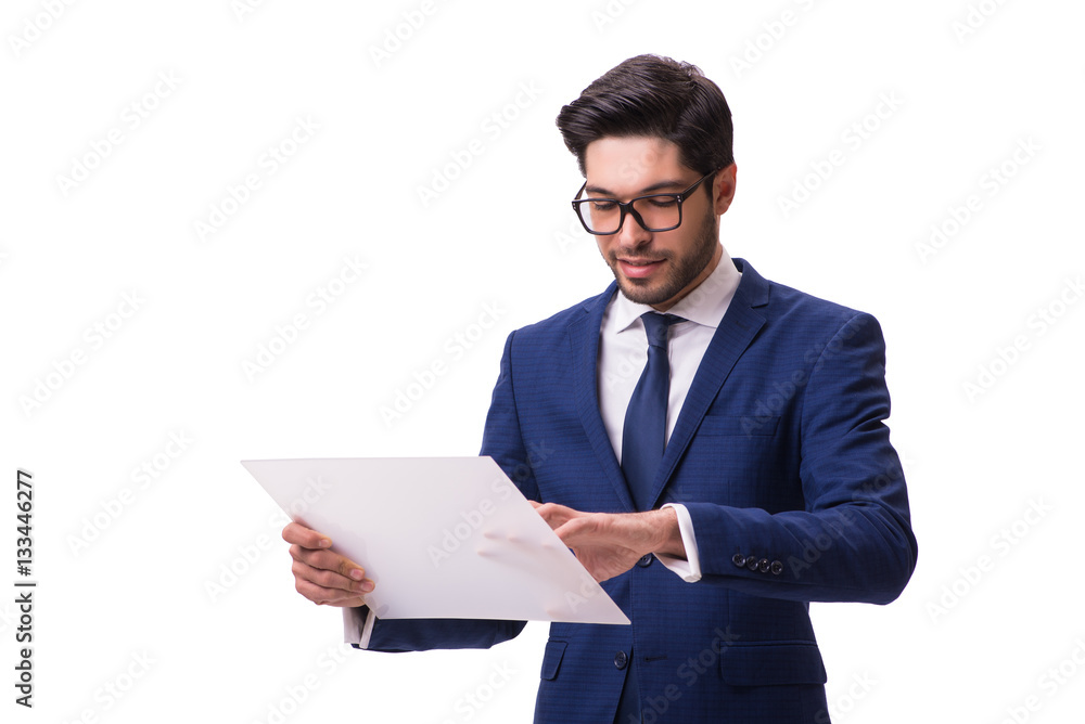 Businessman working on tablet isolated on the white background Businessman working on tablet isolated on the white background