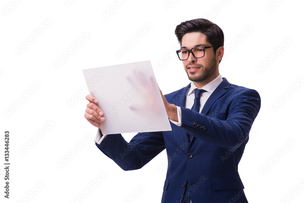 Businessman working on tablet isolated on the white background Businessman working on tablet isolated on the white background