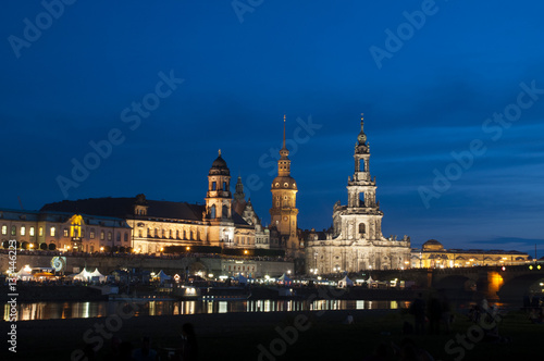 Dresden, Germany cityscape on the Elbe River at night.