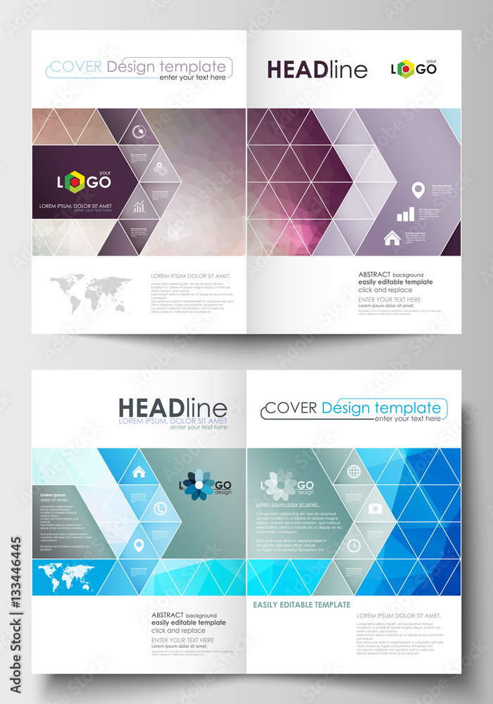 Business templates for brochure, magazine, flyer, booklet or annual report. Cover design template, flat layout in A4 size. Abstract triangles, blue triangular background, colorful polygonal vector.